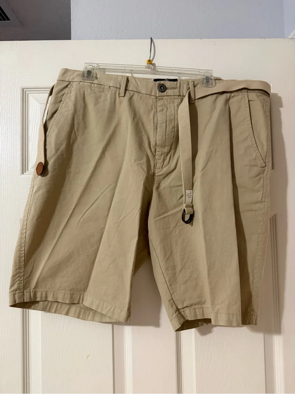 American Eagle Outfitters Men's Khaki Flat-Front Shorts with Webbing Belt